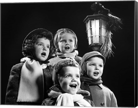 Framed Children Singing Christmas Carols Outdoor By Lantern Light Print