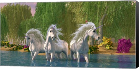 Framed Unicorns Cool Off in a Summer Stream Print