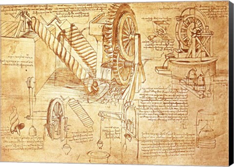 Framed Facsimile of Codex  Atlanticus Screws and Water Wheels Print