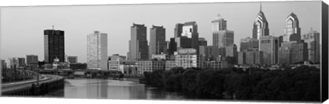 Framed River passing through a city in black and white, Philadelphia, Pennsylvania Print