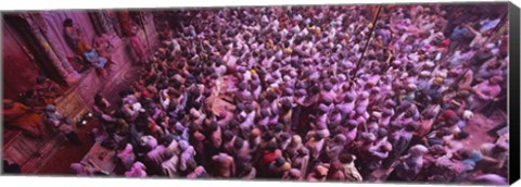 Framed High angle view of people celebrating holi, Braj, Mathura, Uttar Pradesh, India Print