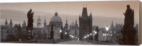 Framed Lit Up Bridge At Dusk, Charles Bridge, Prague, Czech Republic (black and white) Print