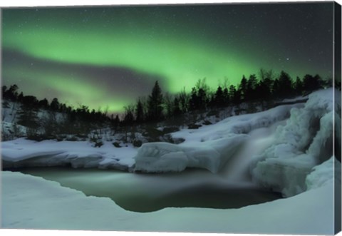 Framed wintery waterfall and aurora borealis over Tennevik River, Norway Print