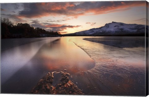 Framed frozen Straumen Lake on Tjeldoya Island in Nordland County, Norway Print