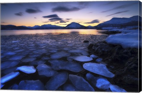 Framed Ice flakes drifting against the sunset in Tjeldsundet strait, Troms County, Norway Print