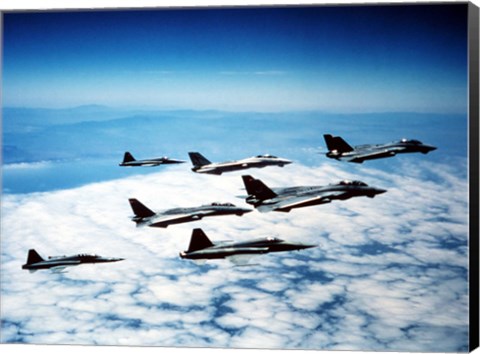 Framed Four F-14 Tomcats and three F-5 Tiger IIs in flight Print