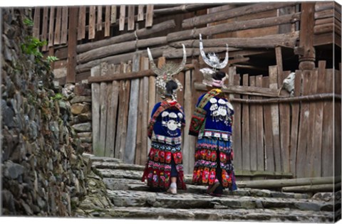 Framed Langde Miao girls in traditional costume in the village, Kaili, Guizhou, China Print