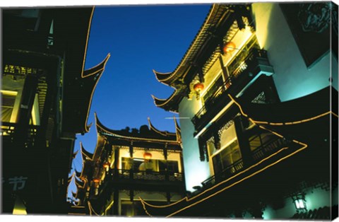 Framed Night View of Traditional Architecture at Yuyuan Bazaar, Shanghai, China Print