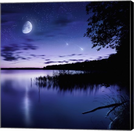 Framed Tranquil lake against starry sky, moon and falling meteorites, Russia Print