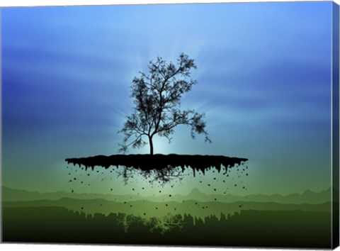 Framed Flying Tree ( digitally generated - blue) Print