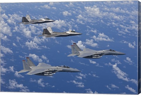 Framed F-15 Eagles and F-22 Raptors Fly in Formation Print