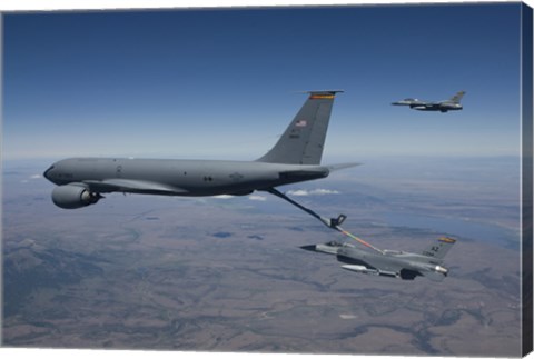 Framed Two F-16 Fighting Falcons Conduct Aerial Refueling with KC-135 Stratotanker Print