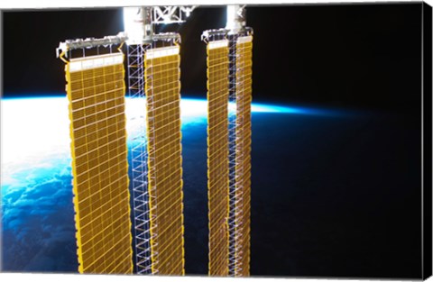 Framed Partial View of International Space Station Solar Panels and Earth&#39;s Horizon Print