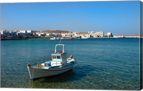 Framed Mykonos, Greece Boat off the island with view of the city behind Print