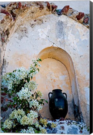 Framed Pottery and Flowering Vine, Oia, Santorini, Greece Print