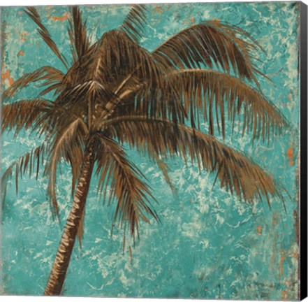 Framed Palm on Turquoise I Print