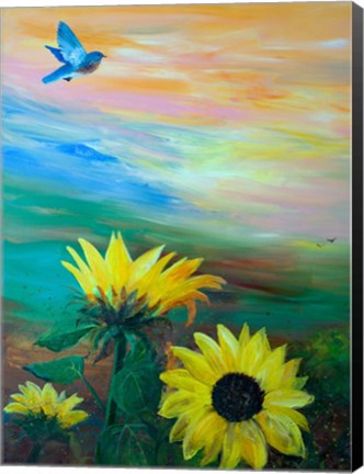 Framed BlueBird Flying Over Sunflowers Print
