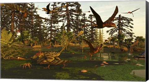Framed Eudimorphodon And Peteinosaurus Pterosaurs In A Swampy Triassic Scene Print