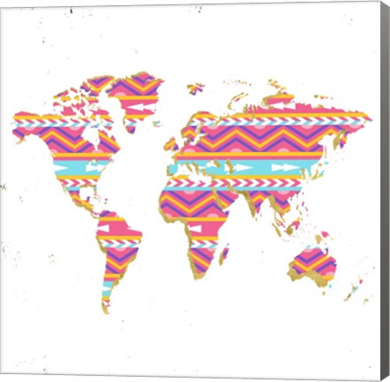 Framed World Map Kilim &amp; Gold Print