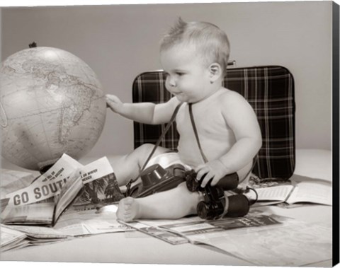 Framed 1960s Baby Seated Looking At Globe Print