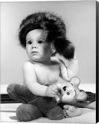 Framed 1960s Baby Wearing Coonskin Hat Print