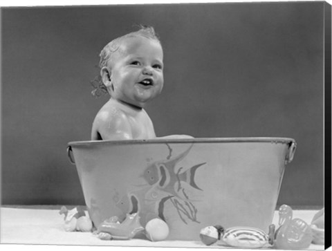 Framed 1940s 1950s Smiling Baby In Bath Tub Studio Indoor Print