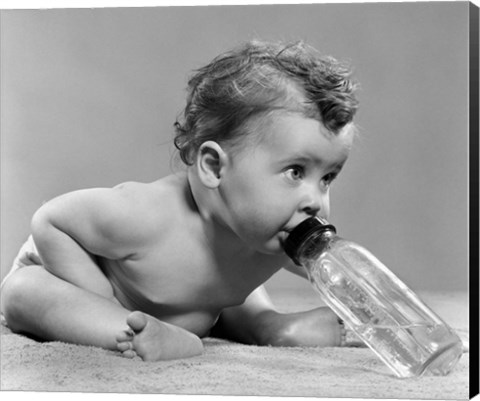 Framed 1950s Baby Leaning Forward Drinking From Bottle Print