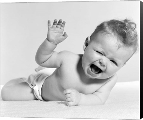 Framed 1950s Baby Lying On Stomach Laughing Print