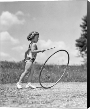 Framed 1930s Girl Outdoors Playing Hoop And Stick Game Print