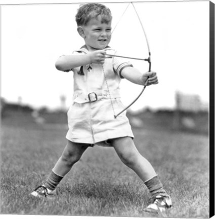 Framed 1930s Boy Outdoors Aiming Toy Bow And Arrow Archery Print
