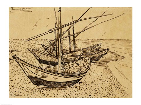 Framed Fishing Boats on the Beach at Saintes-Maries-de-la-Mer, 1888 Print