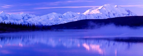 Framed Reflection of snow covered mountains on water, Mt McKinley, Wonder Lake, Denali National Park, Alaska, USA Print