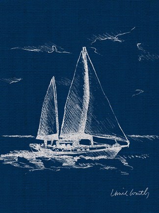 Framed Sailboat on Blue Burlap II Print