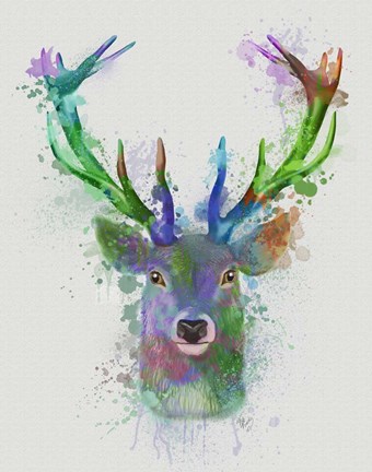 Framed Deer Head 1 Rainbow Splash Blue and Green Print