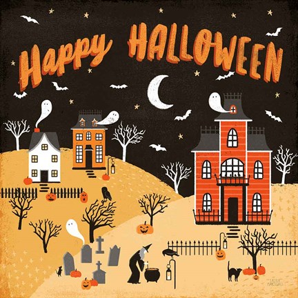 Framed Spooky Village IV Happy Halloween Print