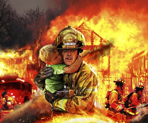 Framed Fireman saving a Boy from a Burning Building Print