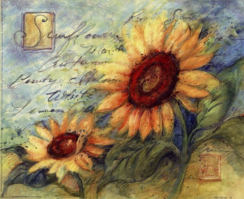 Framed Sunflowers On Blue Print