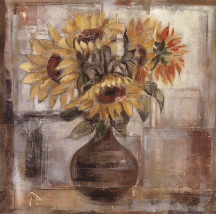 Framed Sunflowers In Bronze Vase Print