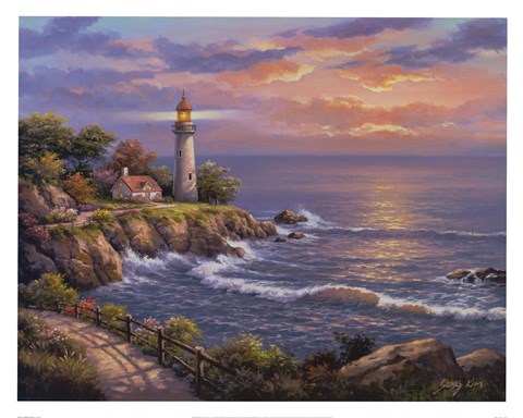 Framed Sunset At Lighthouse Point Print
