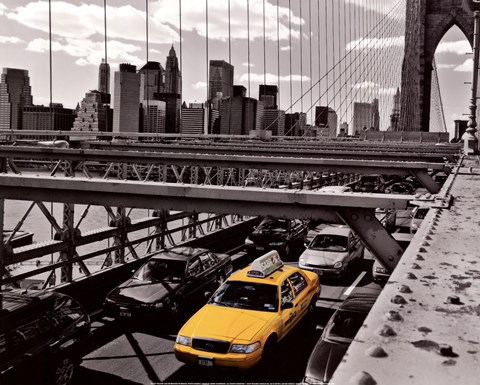 Framed Yellow Cab on Brooklyn Bridge Print