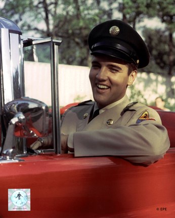 Framed Elvis Presley Sitting in Car Wearing Uniform (#3) Print