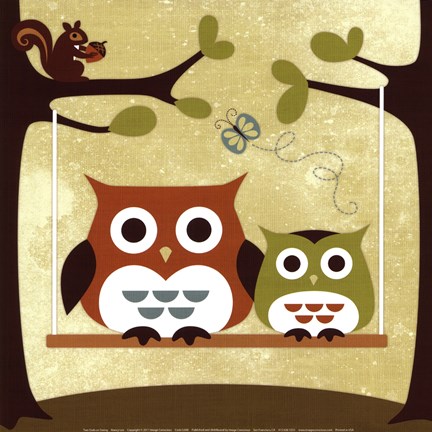 Framed Two Owls on Swing Print