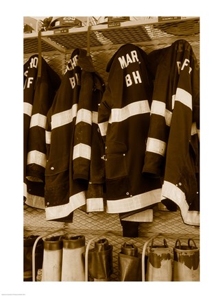 Framed Fire protection suits hanging in a fire station Print