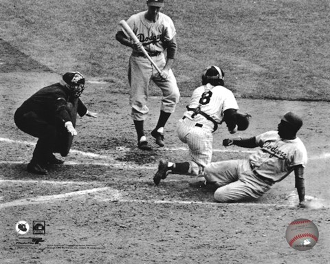 Framed Jackie Robinson steals home during the 1955 World Series Print