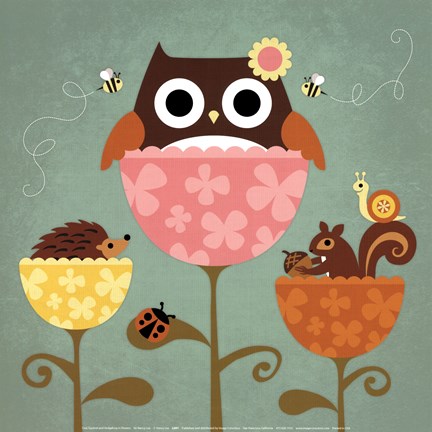 Framed Owl, Squirrel and Hedgehog in Flowers Print