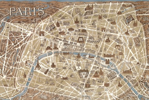 Framed Monuments of Paris Map - Blue Print
