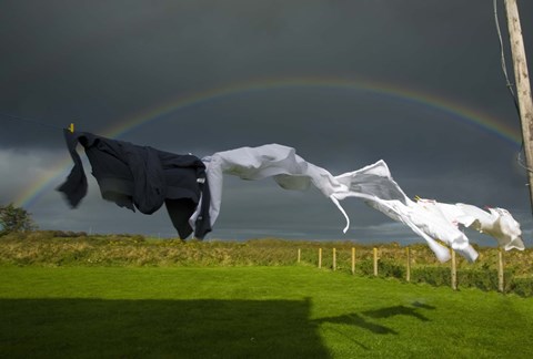 Framed Rainbow, Stormy Sky and Clothes Line, Bunmahon, County Waterford, Ireland Print