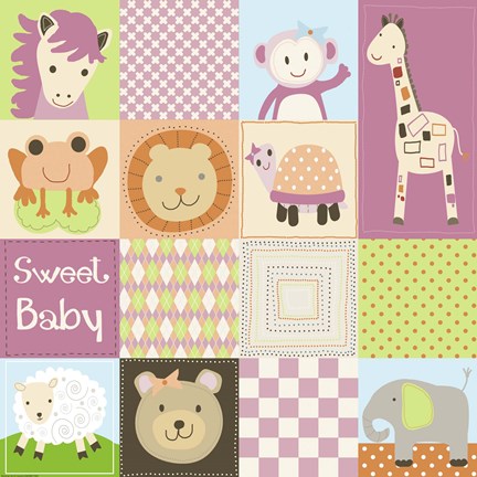 Framed Baby Girl Animal Quilt Print