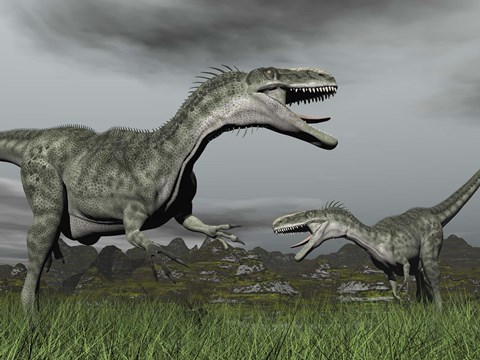 Framed territorial dispute between two Monolophosaurus dinosaurs Print