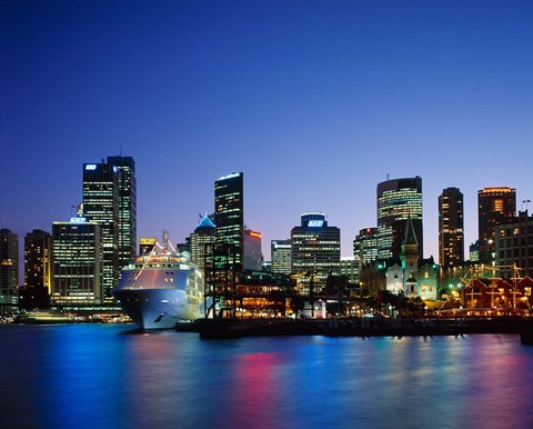 Framed Skyline and Cruise Ship at Night, Sydney, Australia Print